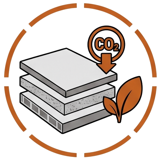 Stack of low-carbon composite boards with CO2 reduction and leaf symbols